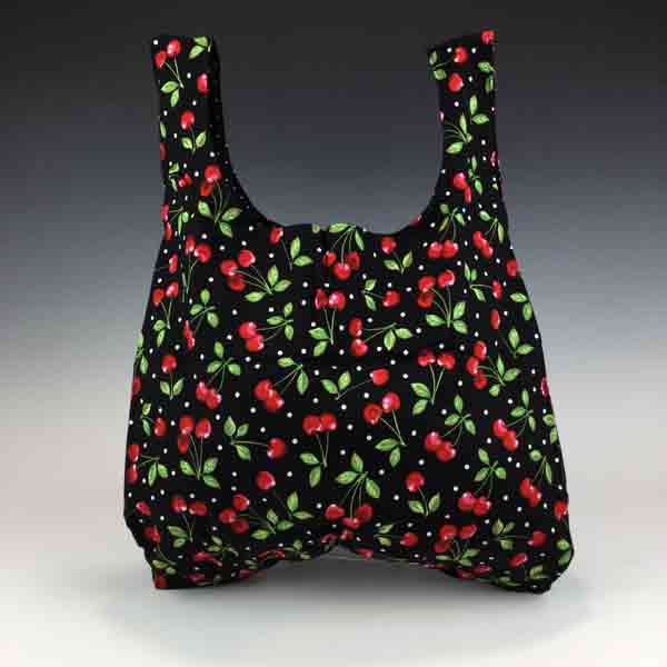 Eco Friendly FoldUp Market Bag- Cherries on Black - Image 3